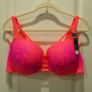 Cacique Boost Balconette 42DD Neon Coral Pink Purple Ombre Lace Pushup Bra